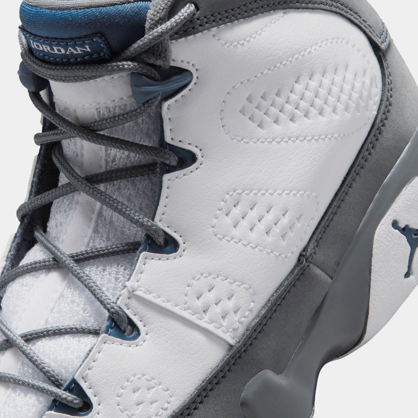 Air Jordan 9 Retro Flint Grey and French Blue Preschool Lifestyle Shoes (White/French Blue/Flint Grey)