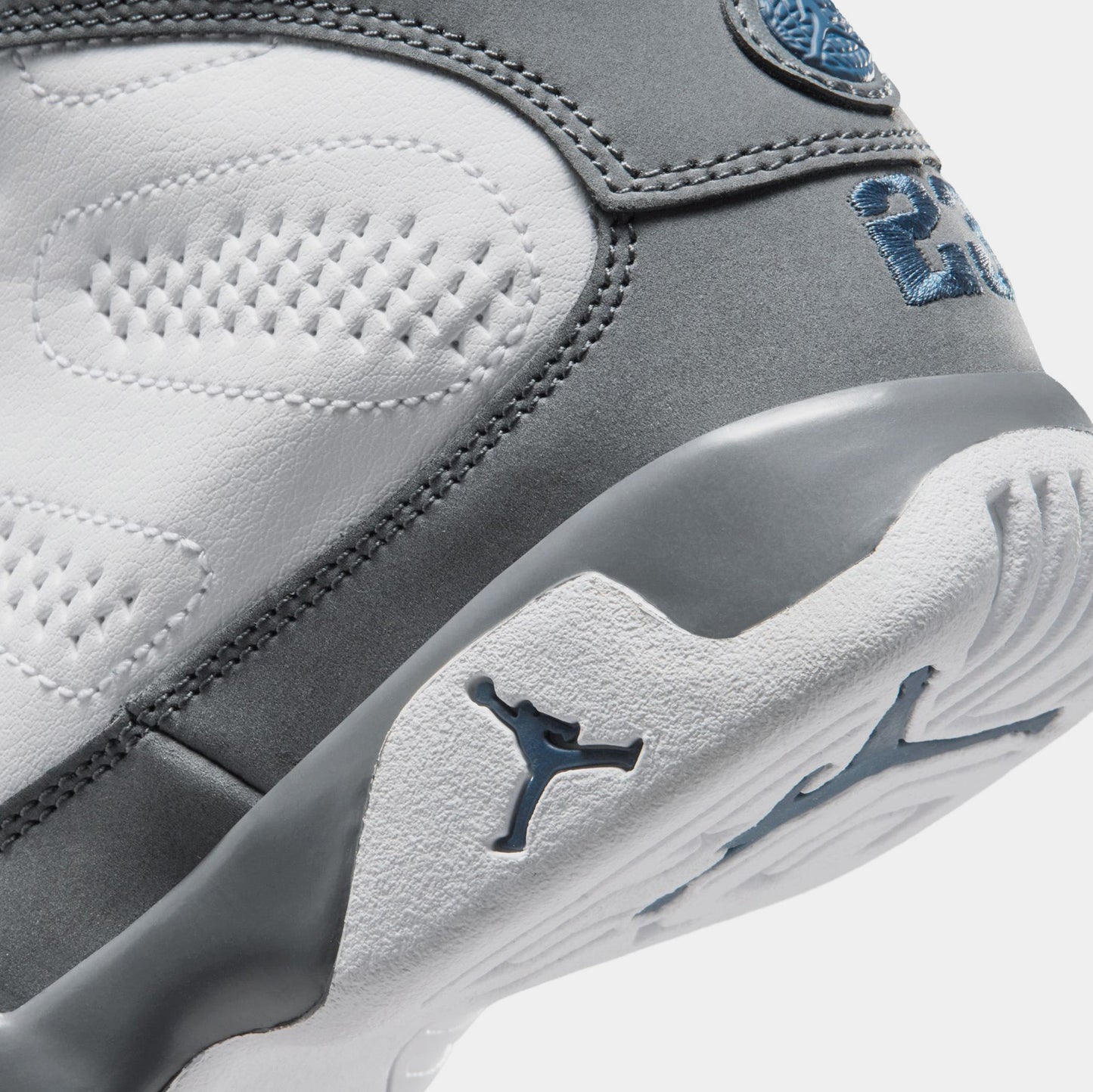 Air Jordan 9 Retro Flint Grey and French Blue Preschool Lifestyle Shoes (White/French Blue/Flint Grey)